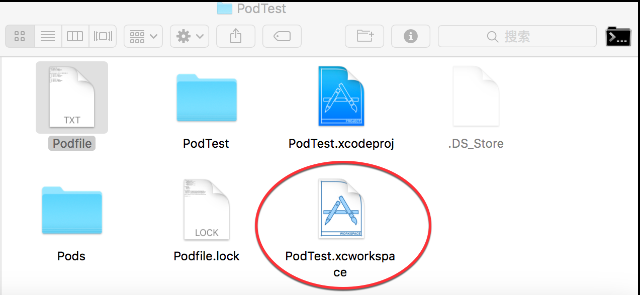 Mac Finder showing iOS PodTest project folder structure with PodTest.xcworkspace file highlighted in red circle after CocoaPods installation