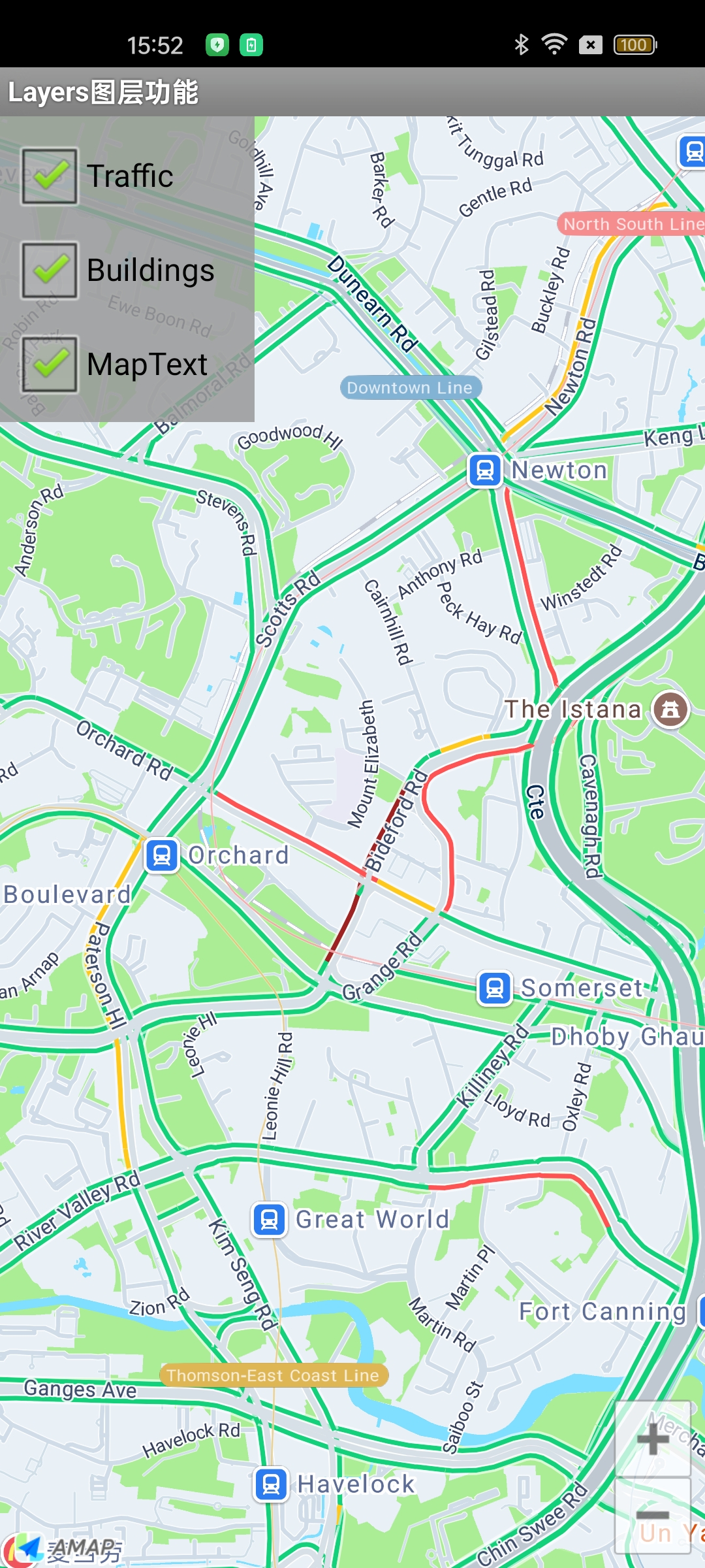 Android Maps SDK map with traffic layer enabled showing real-time traffic conditions on roads