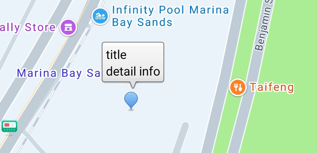 Android Maps SDK marker with the default InfoWindow popup displaying title and snippet text