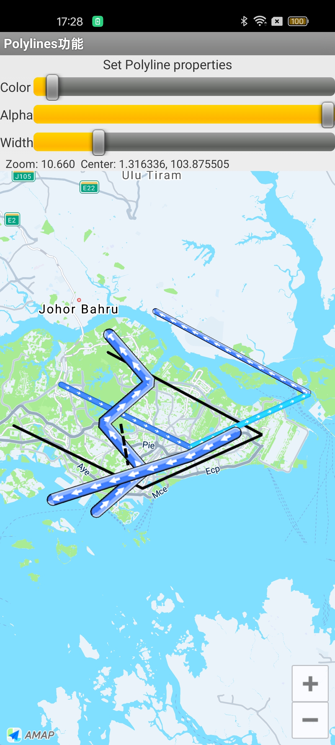 Black polyline with a width of 10 pixels rendered across multiple coordinates on an Android AMAP map