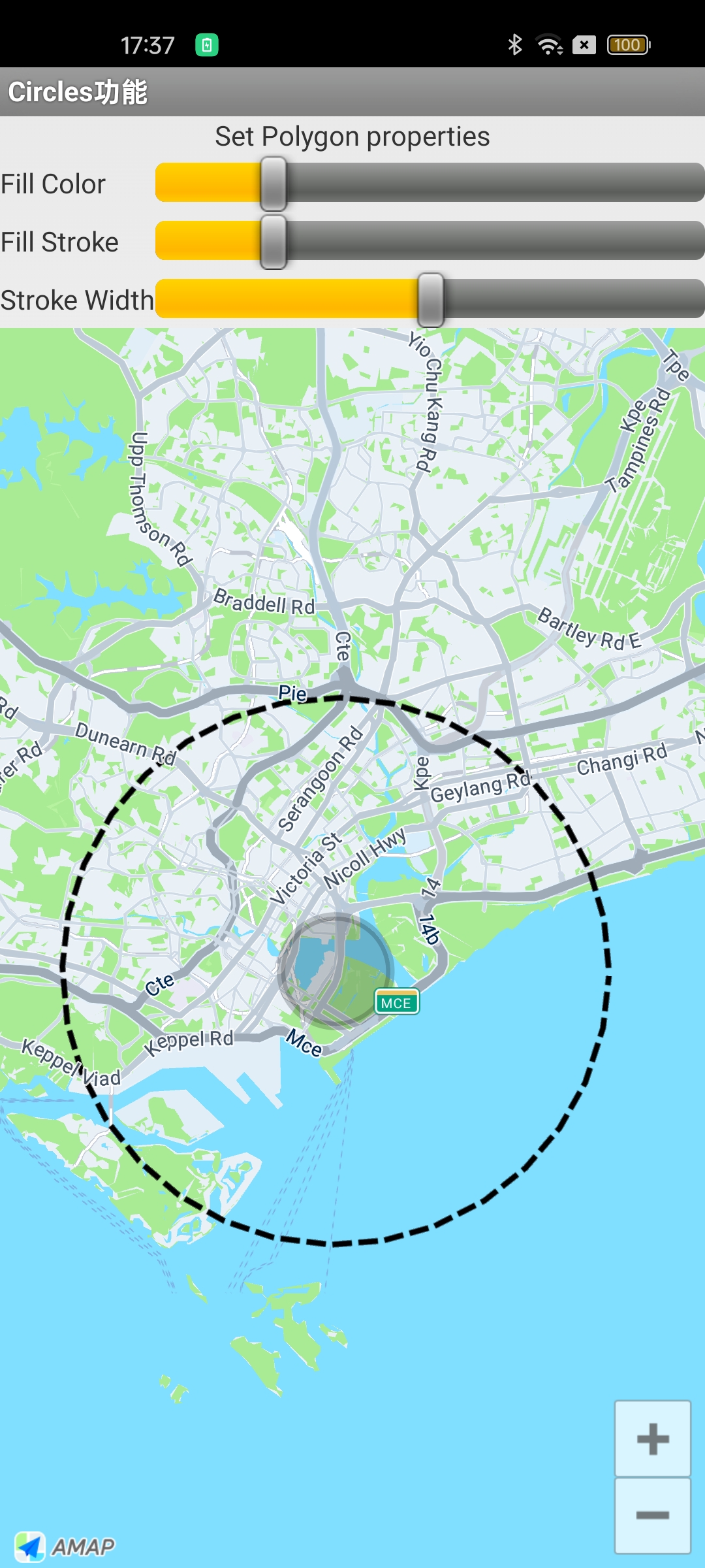 Circle shape with gray semi-transparent fill and gray border overlaid on an Android AMAP map