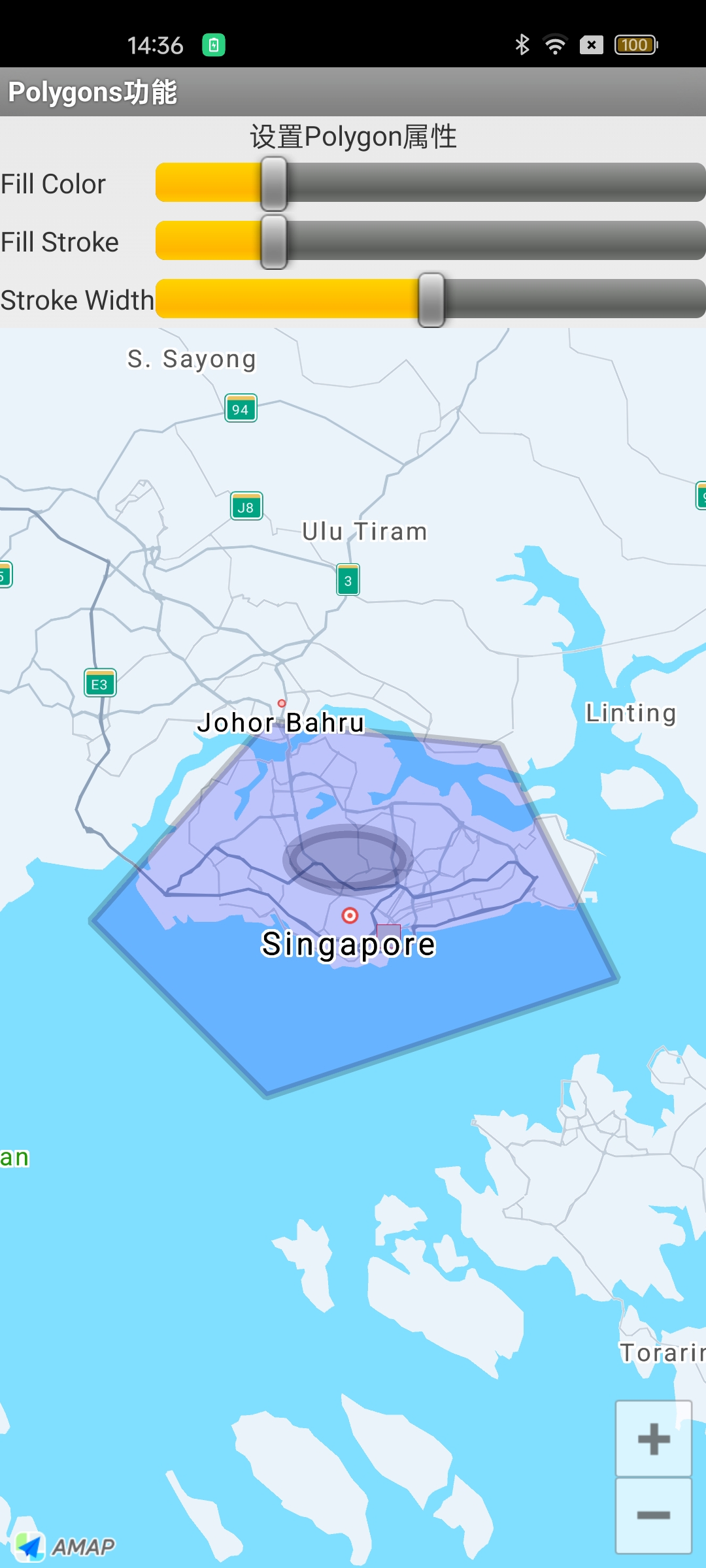 Irregular polygon shape rendered with connected geographic coordinates on an Android AMAP map