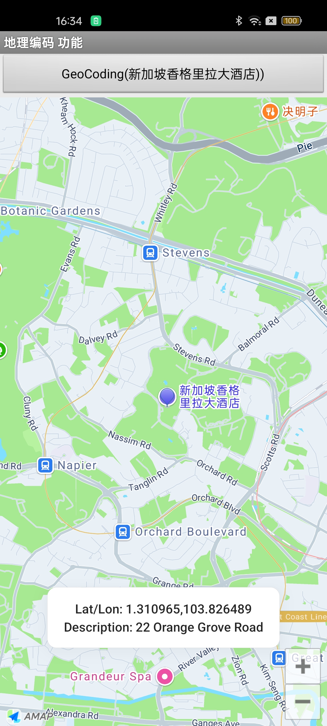 Geocoding result showing an address resolved to a geographic coordinate on an Android AMAP map