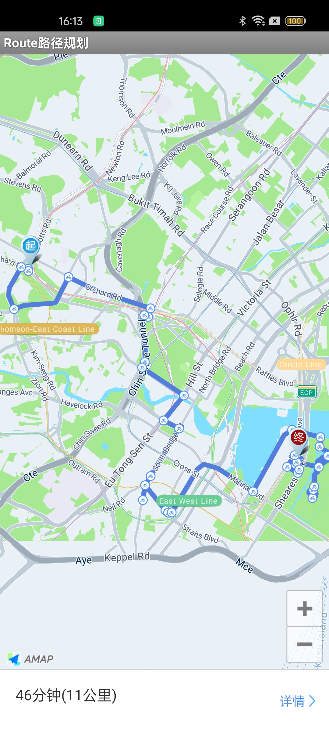 Cycling route planning result showing a bicycle route path rendered on an Android AMAP map
