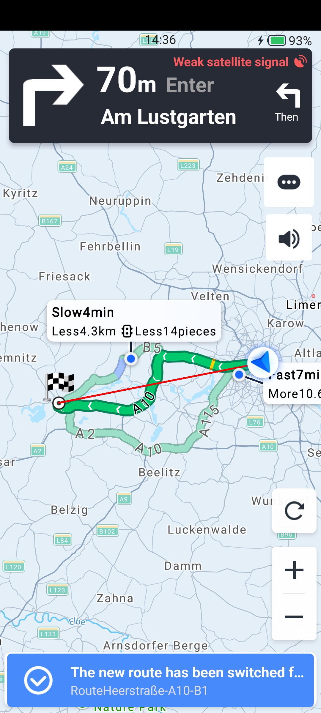Android AMAP Navigation SDK showing alternative routes with estimated time and distance differences during real-time navigation