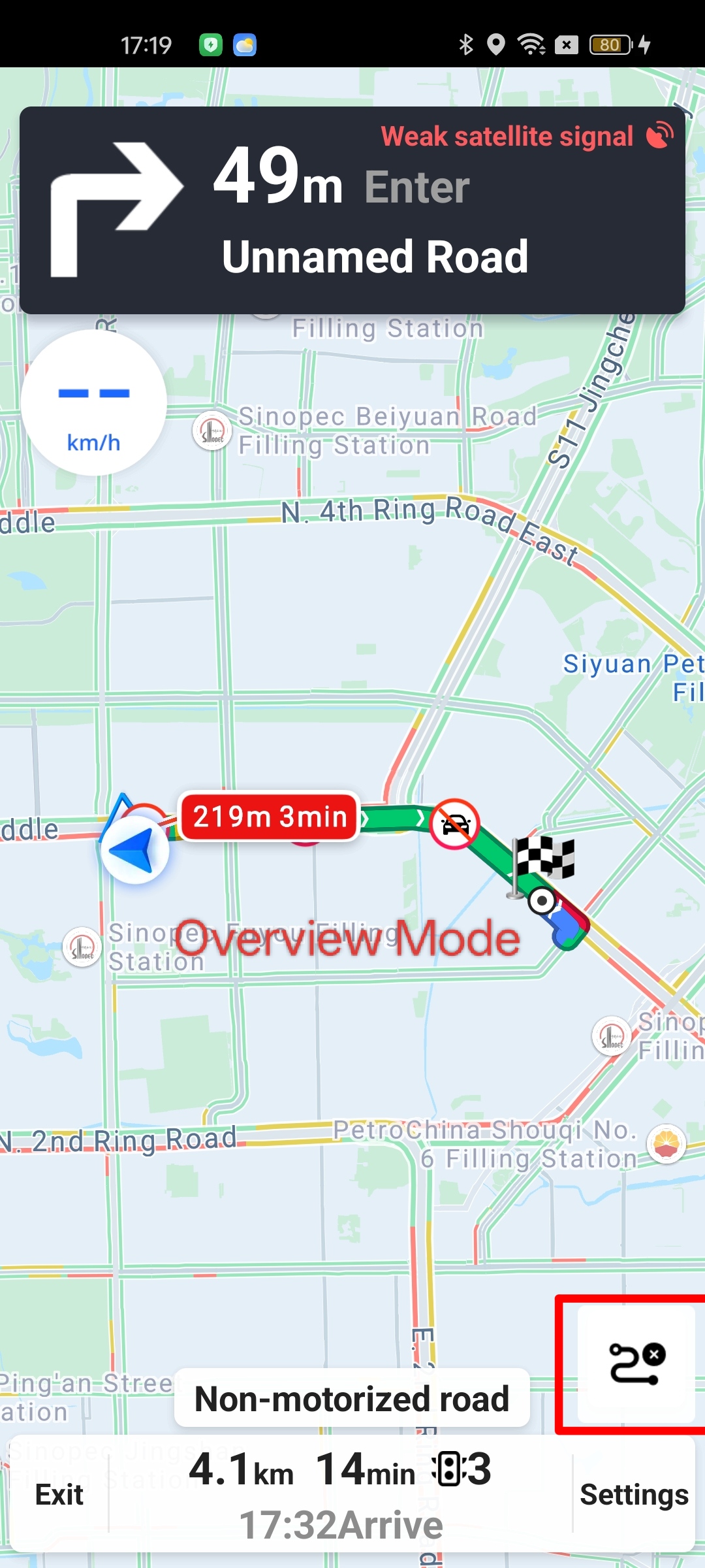 Android AMAP Navigation overview mode showing the entire remaining route on a single screen