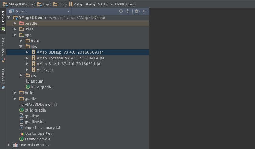 Android Studio project structure showing the JAR and SO library files copied into the libs and jniLibs directories