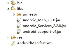 Eclipse project structure showing the AMAP Android Maps SDK library files and SO libraries for different CPU architectures