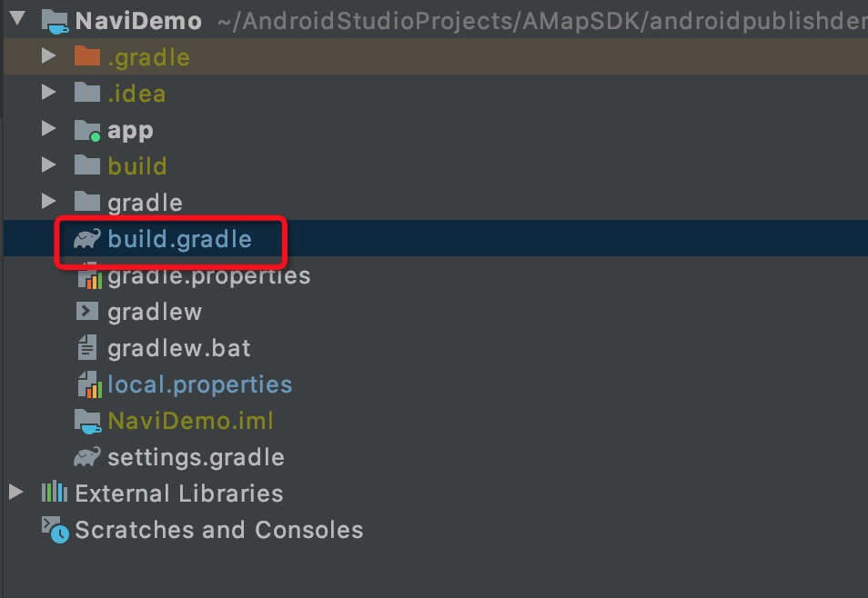 Android project-level build.gradle file in the root directory showing the Maven repository URL configuration for Navigation SDK