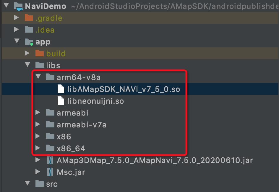 Android project jniLibs directory structure showing the Navigation SDK SO library files for different CPU architectures