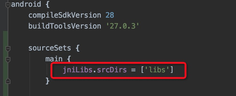 Android build.gradle sourceSets block with custom jniLibs directory path configuration for Navigation SDK SO libraries