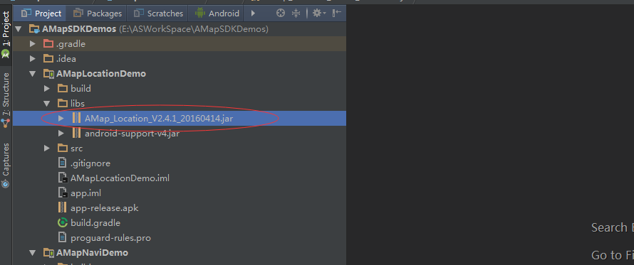 Android Studio project structure showing the JAR file copied into the libs directory for manual SDK integration