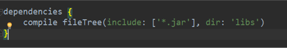Android module-level build.gradle file showing the compile fileTree dependency configuration for JAR libraries