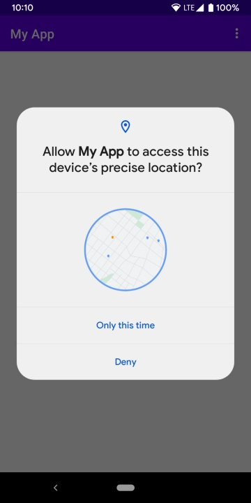 Android 12 location permission dialog showing approximate and precise location options for an AMAP Location SDK app