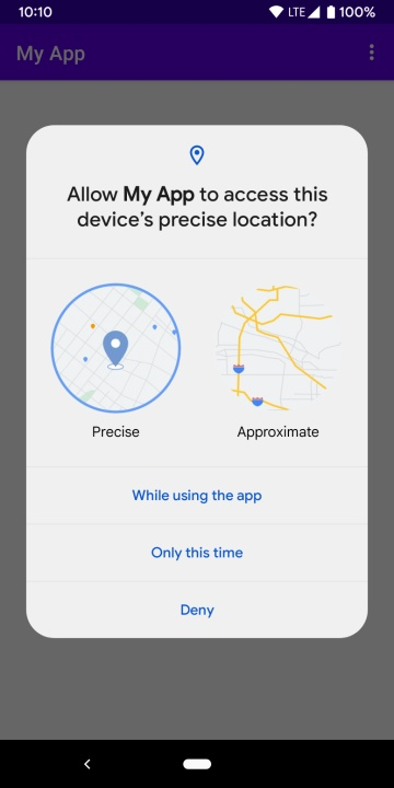 Android 12 approximate location permission dialog explaining the app will receive only approximate location data