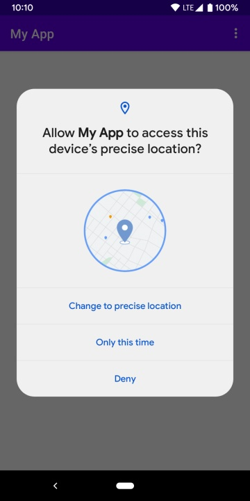 Android 12 permission upgrade dialog shown when the user previously granted approximate location and the app requests precise access