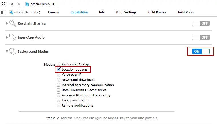 Xcode Capabilities tab with Background Modes enabled and the Location updates checkbox selected