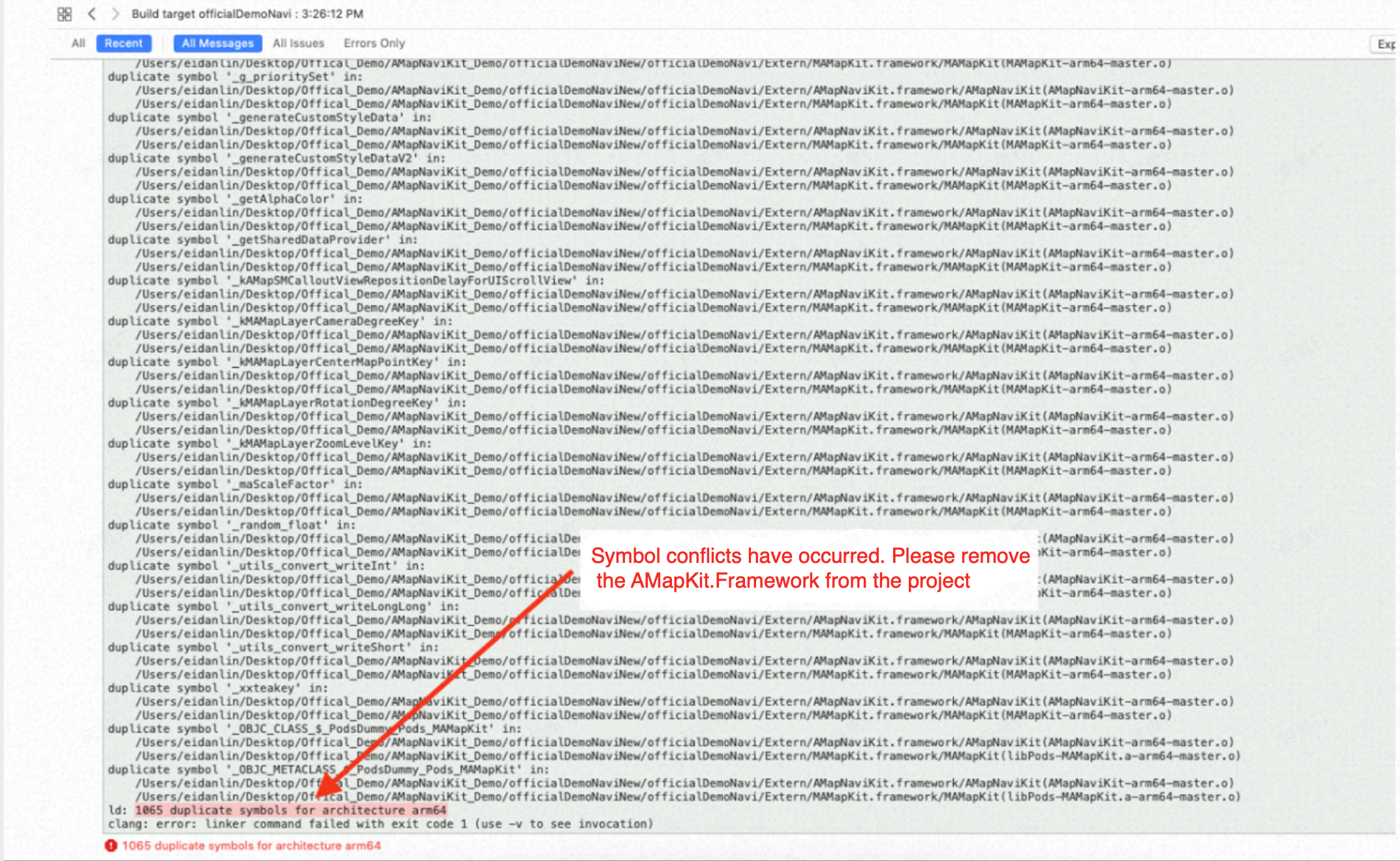 Xcode build error log showing 1065 duplicate symbols for architecture arm64 caused by AMapNaviKit and MAMapKit framework conflicts requiring removal of AMapKit.Framework from the project