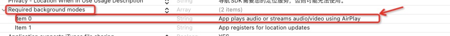 Xcode Info.plist showing Required background modes configuration with Item 0 set to App plays audio or streams audio/video using AirPlay for AMAP iOS Navigation SDK
