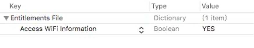Xcode Entitlements File showing Access WiFi Information key set to Boolean YES value for AMAP iOS SDK WiFi capability configuration