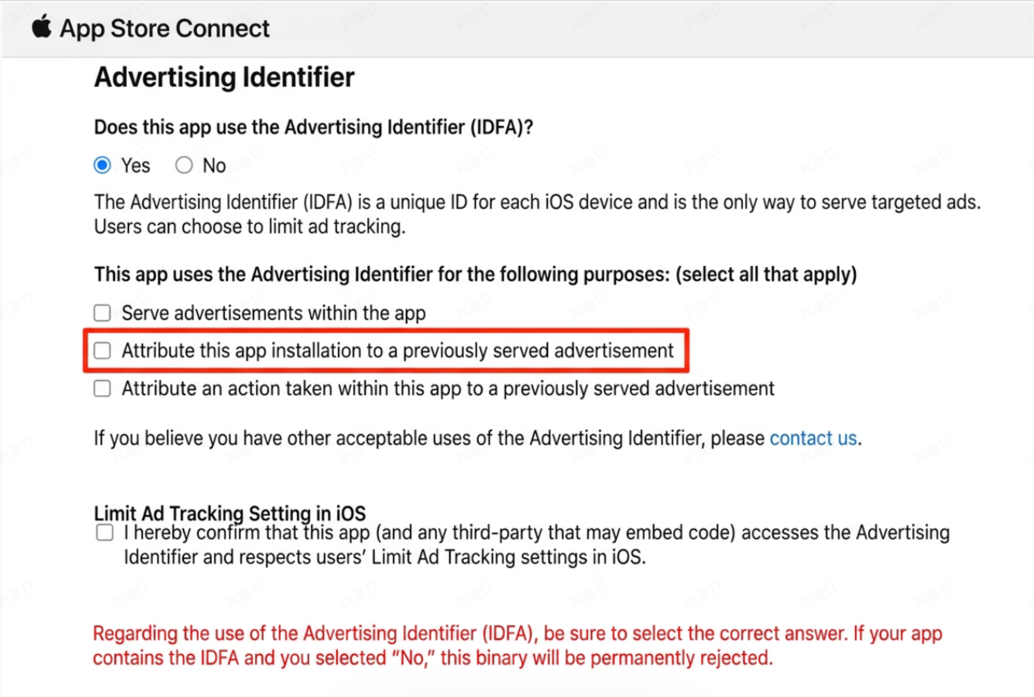 App Store Connect Advertising Identifier IDFA settings page showing attribute app installation to a previously served advertisement option highlighted in red for iOS app submission with AMAP SDK