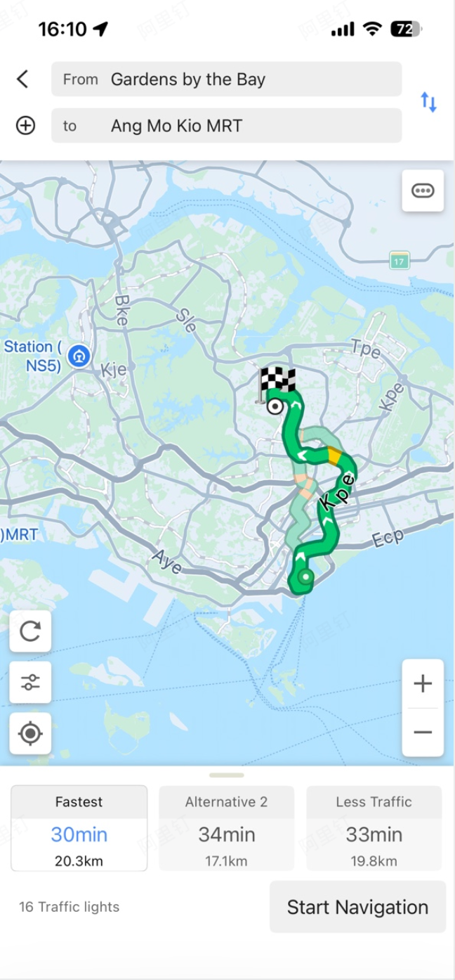 AMAP driving route from Gardens by the Bay to Ang Mo Kio MRT in Singapore — fastest option (30min, 20.3km) with live traffic and alternative routes displayed.