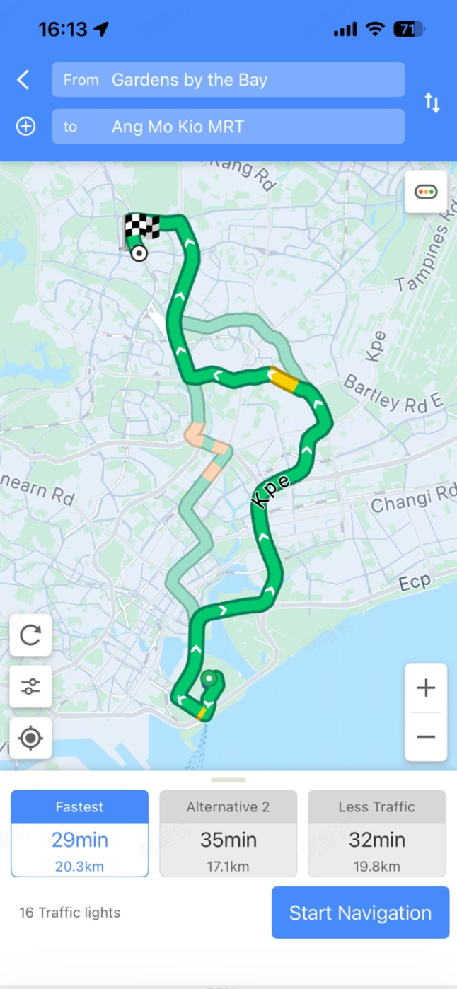 AMAP driving route from Gardens by the Bay to Ang Mo Kio MRT in Singapore — fastest option (29min, 20.3km) with live traffic and alternatives.
