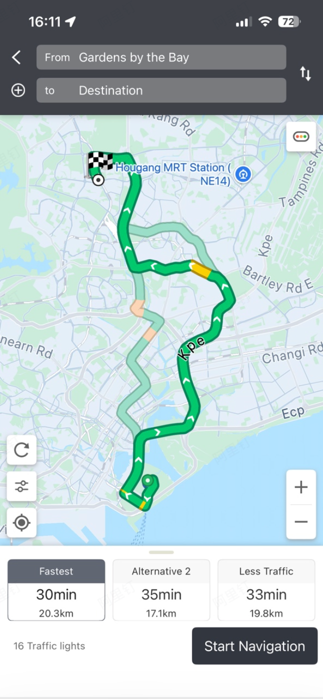 AMAP driving route from Gardens by the Bay to Hougang MRT Station (NE14) in Singapore — fastest option (30min, 20.3km) with live traffic and alternative routes shown.