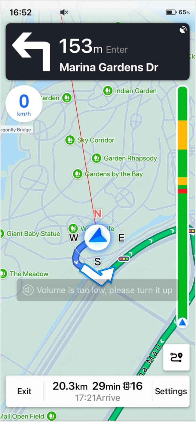 Real-time GPS navigation interface showing turn-by-turn directions, vehicle speed indicator, and route progress on the map