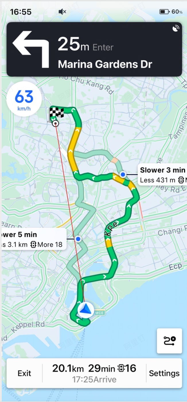 Multi-route navigation mode displaying alternative route paths with estimated time and distance comparison on an AMAP map