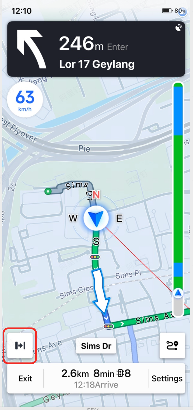 Parallel road detection interface showing the main road with a highlighted parallel road switch button for rerouting