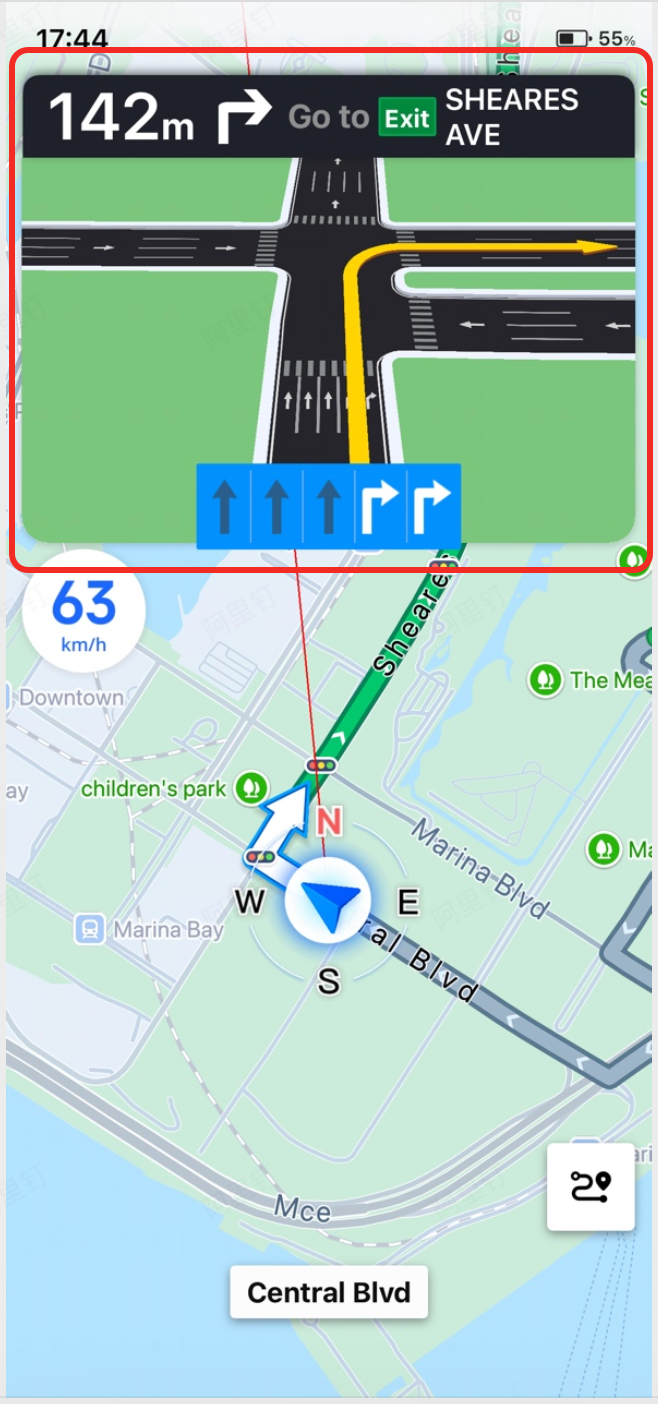 Junction view showing a 3D illustration of the upcoming expressway exit with lane guidance overlay