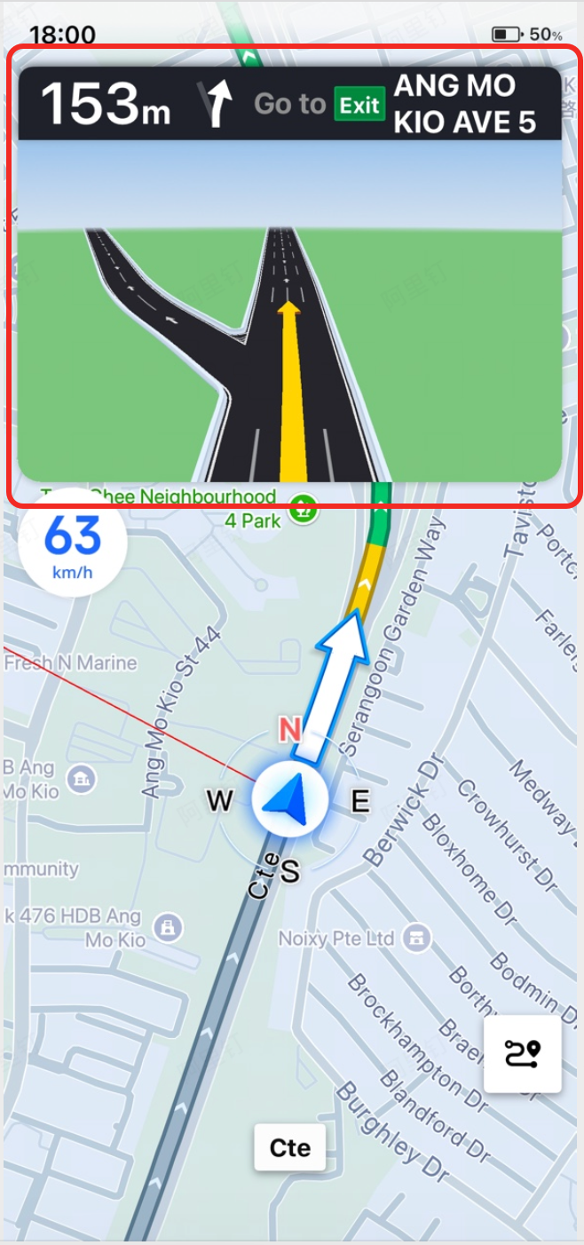Junction view displaying the upcoming road layout and exit instruction with current speed indicator on an AMAP map