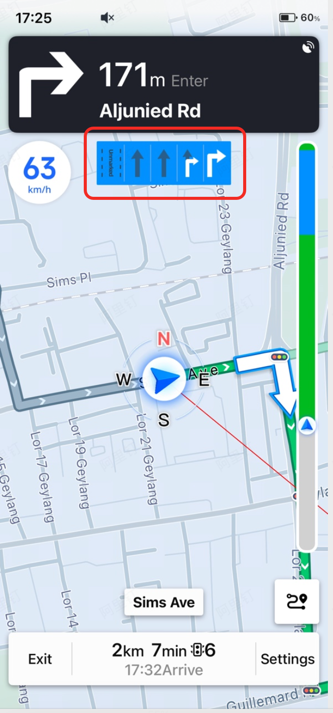 Lane information overlay showing directional arrow indicators for lane selection before the next maneuver