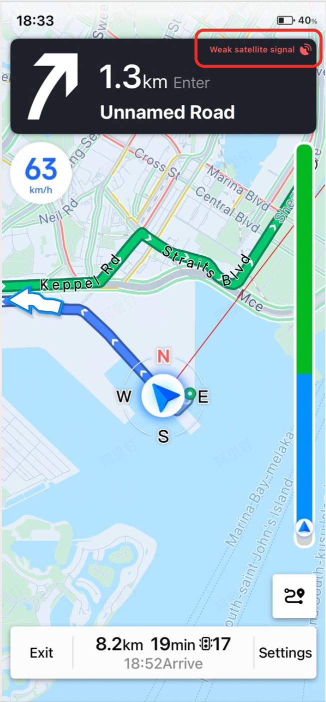 Weak GPS satellite signal warning indicator displayed on the navigation map during active guidance