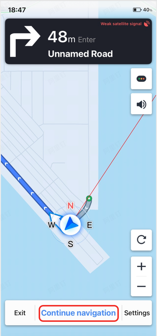 Normal display mode with the continue navigation button and map view stationary while the vehicle icon tracks position