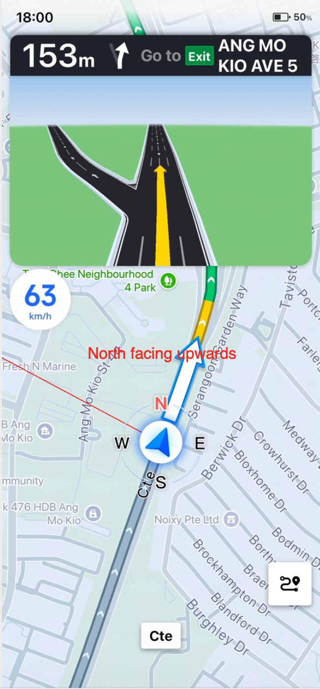 Tracking mode with Car Up orientation where the map rotates to align with the vehicle heading direction