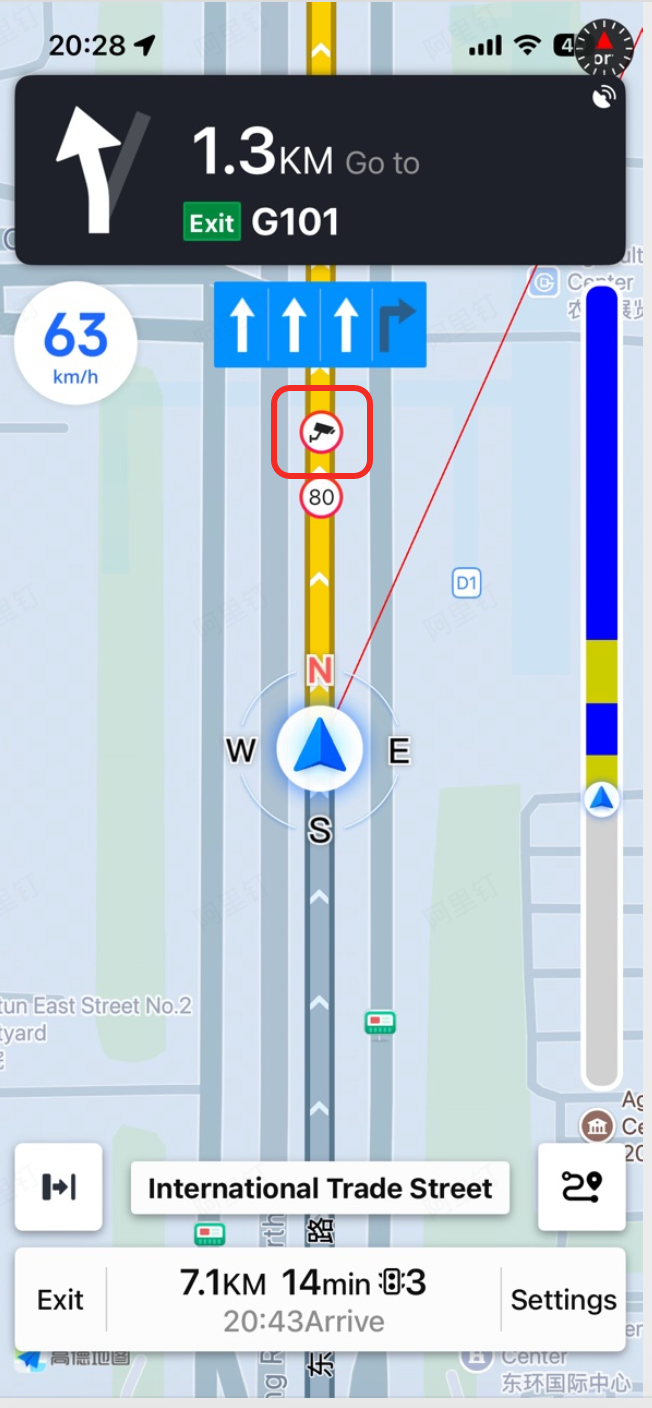 Custom camera marker overlay showing speed camera icons with speed limit information along the navigation route