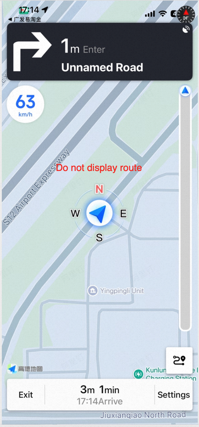 Route visibility control showing the option to hide or display the navigation route polyline on the map