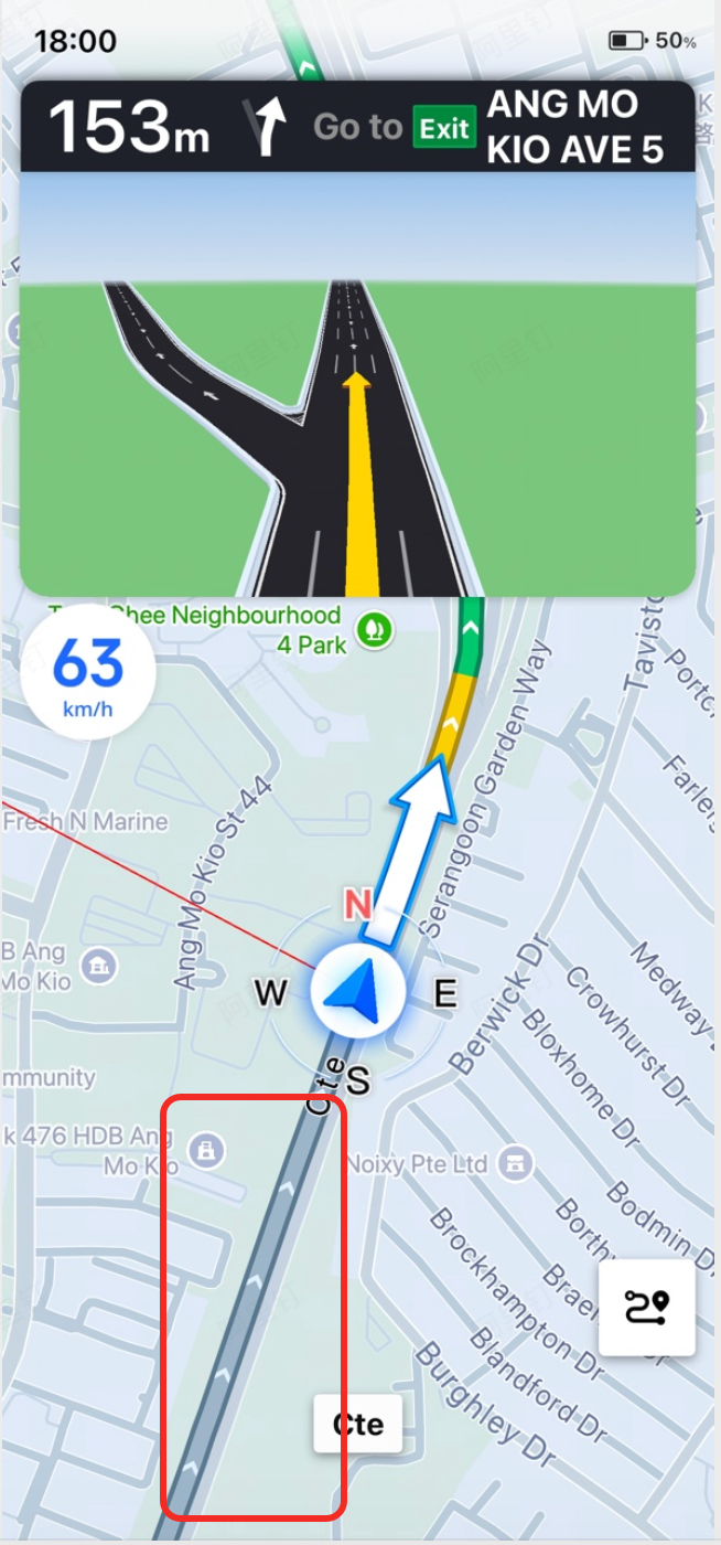Grayed-out driven route segment showing the completed portion of the navigation path with active turn guidance ahead
