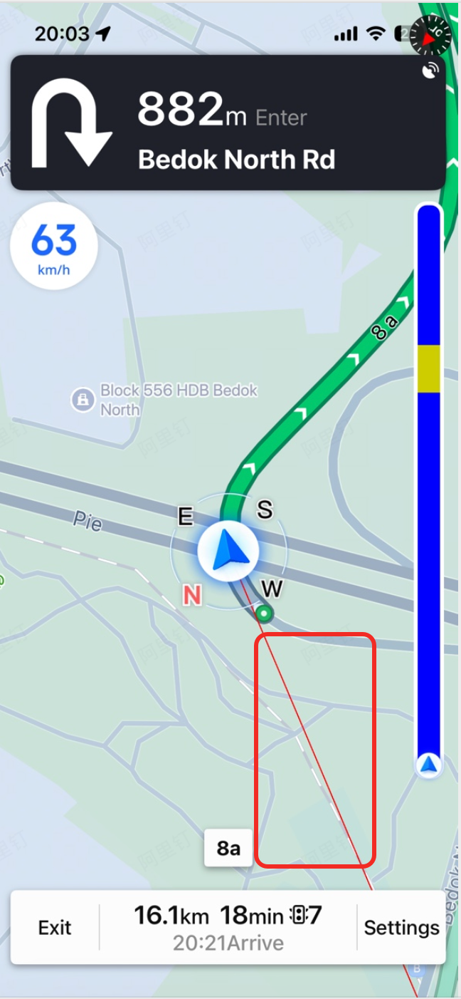 Custom vector leader line connecting the vehicle position to the navigation route path on the map