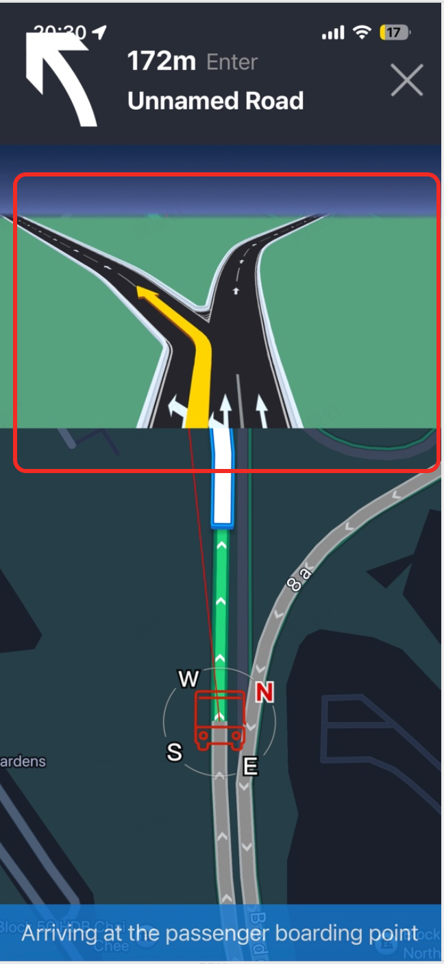 Junction view element displayed on the navigation map showing the upcoming intersection with directional guidance