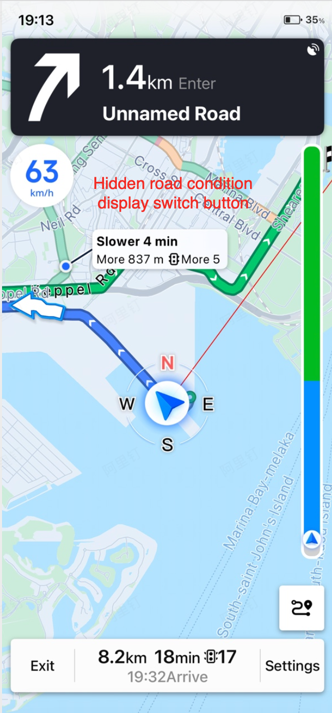 Navigation interface with the traffic bar toggle button highlighted for showing or hiding traffic conditions