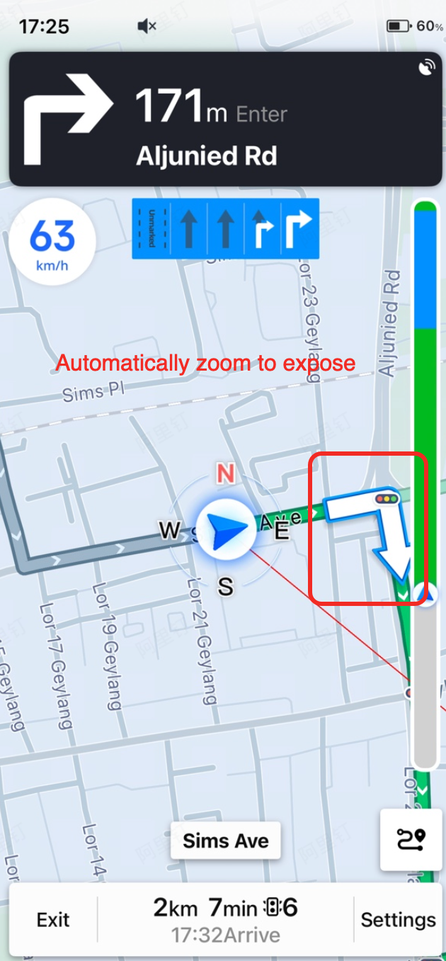 Smart zoom enabled showing automatic map scale adjustment based on the upcoming turn maneuver and current speed