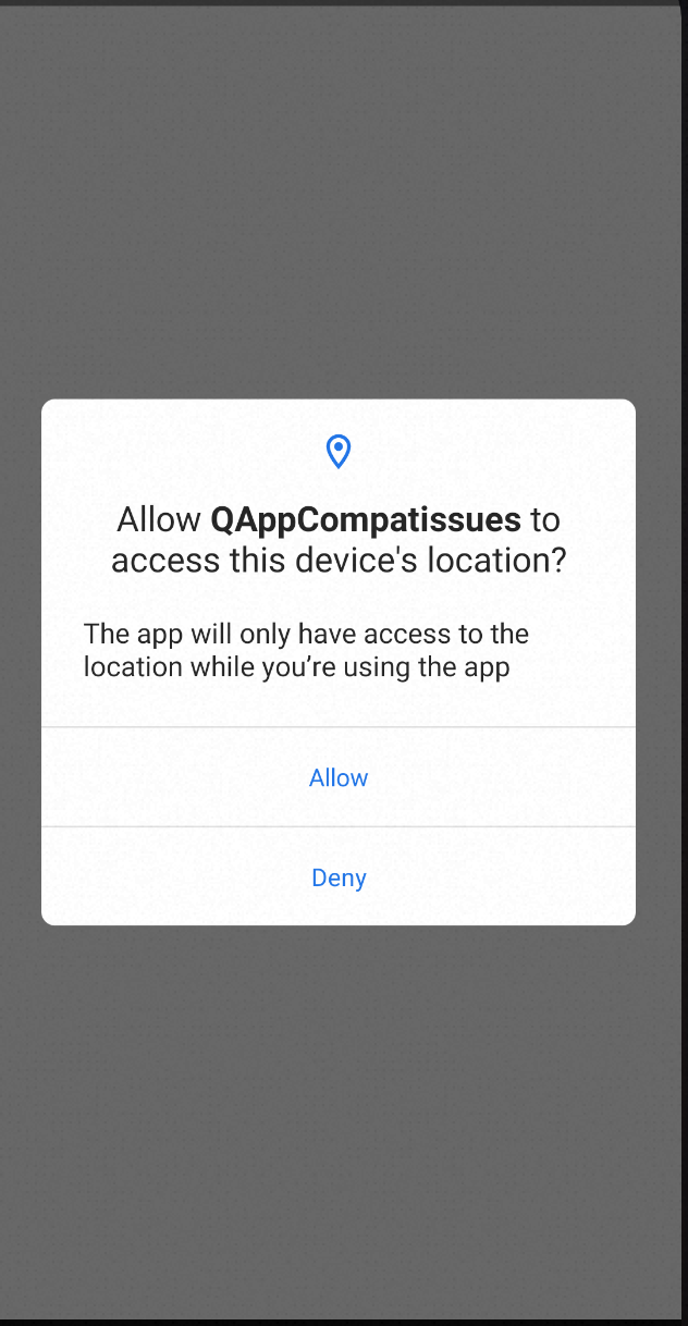 Android 10 location permission dialog with two options: allow only while using the app and deny for foreground-only access