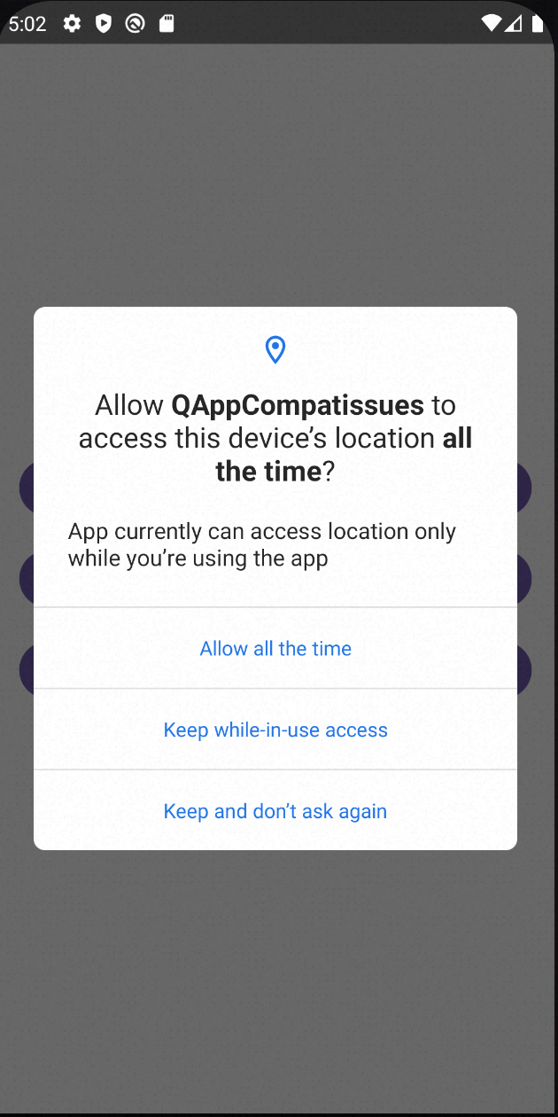 Android 10 background location permission dialog with a single option to grant background access via system settings