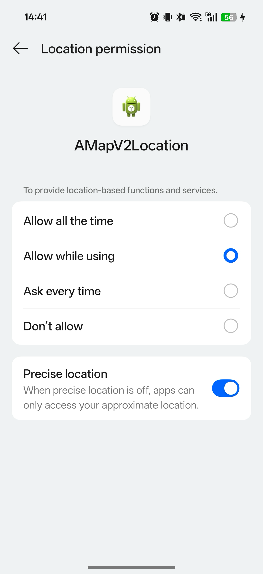 Android system settings screen showing the location permission options where users can toggle between precise and approximate access