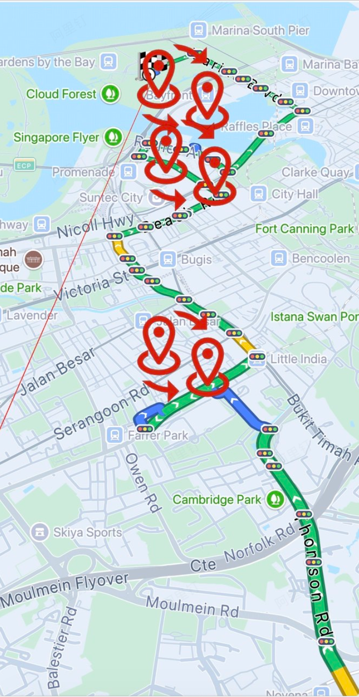 Custom start point, end point, and waypoint markers displayed on the navigation route map with traffic indicators