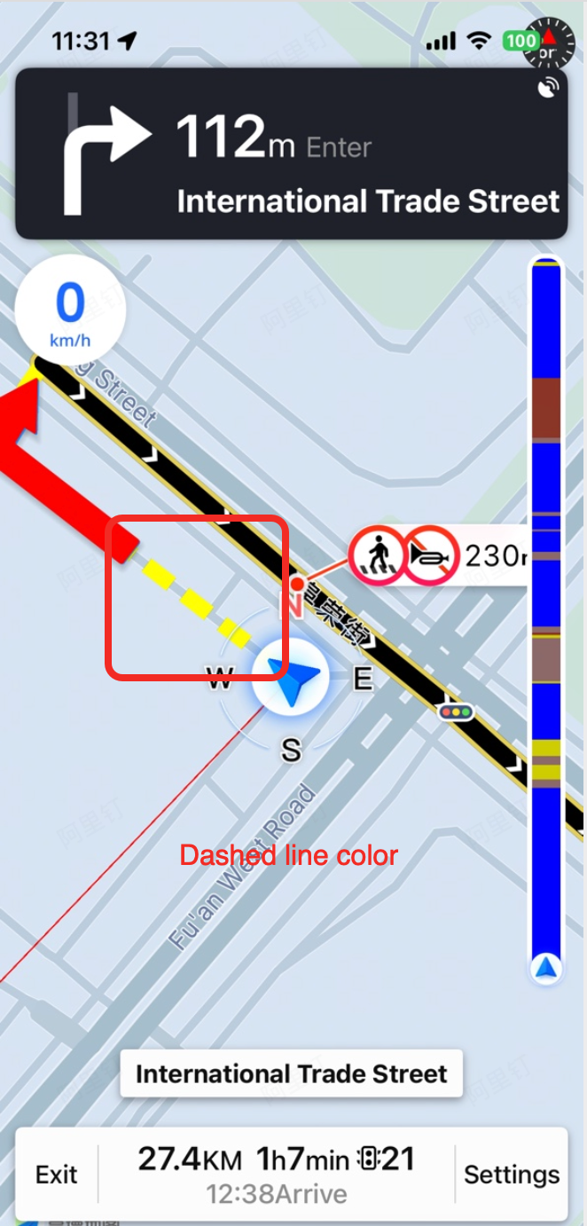 Custom dashed line color applied to the driven portion of the navigation route for visual distinction