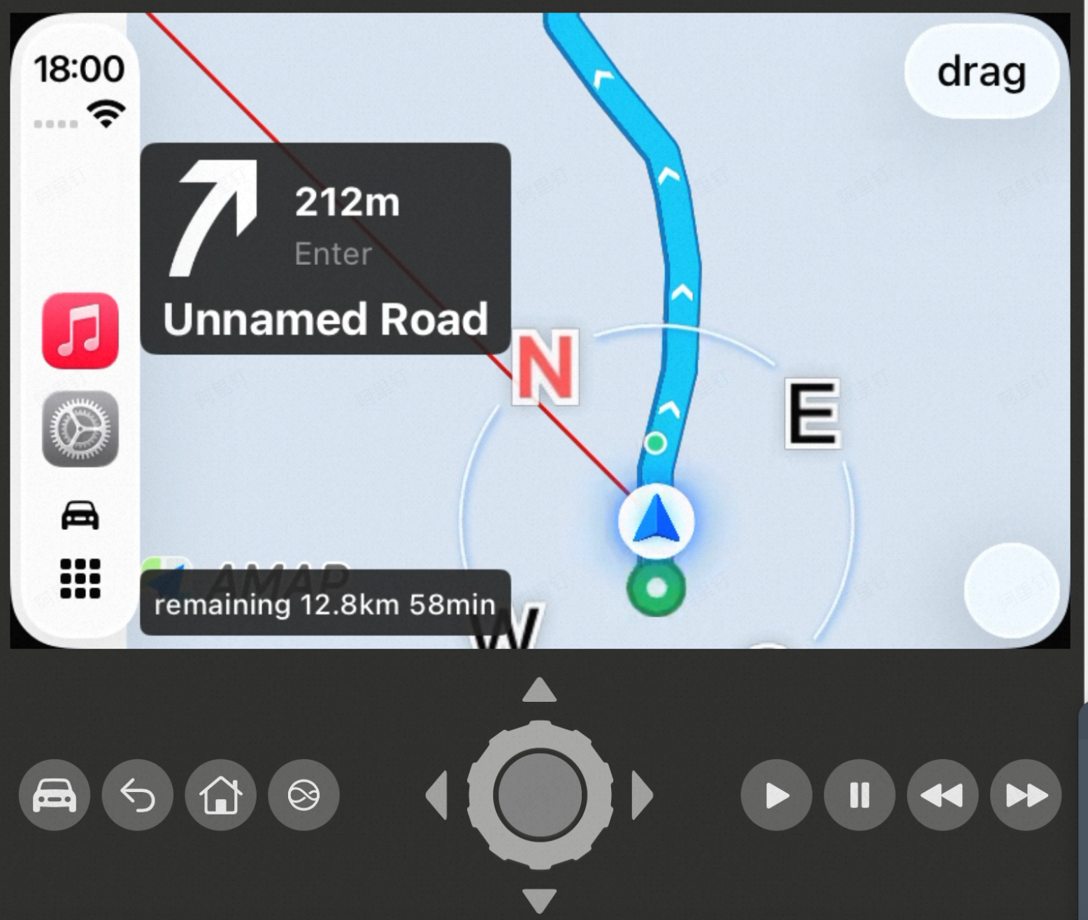 CarPlay interface showing turn-by-turn navigation directions with vehicle position and media controls on the car dashboard
